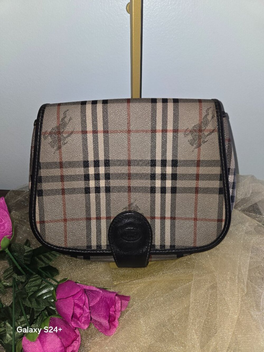 Authentic Burberry Nova Check Crossbody Bag | Vintage Coated Canvas & Black Leat